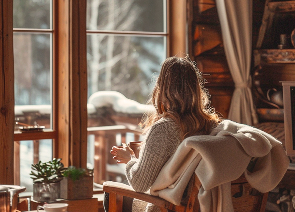 Donna seduta in una casa di montagna con finestre in triplo vetro, avvolta in una coperta, mentre guarda il paesaggio innevato all’este