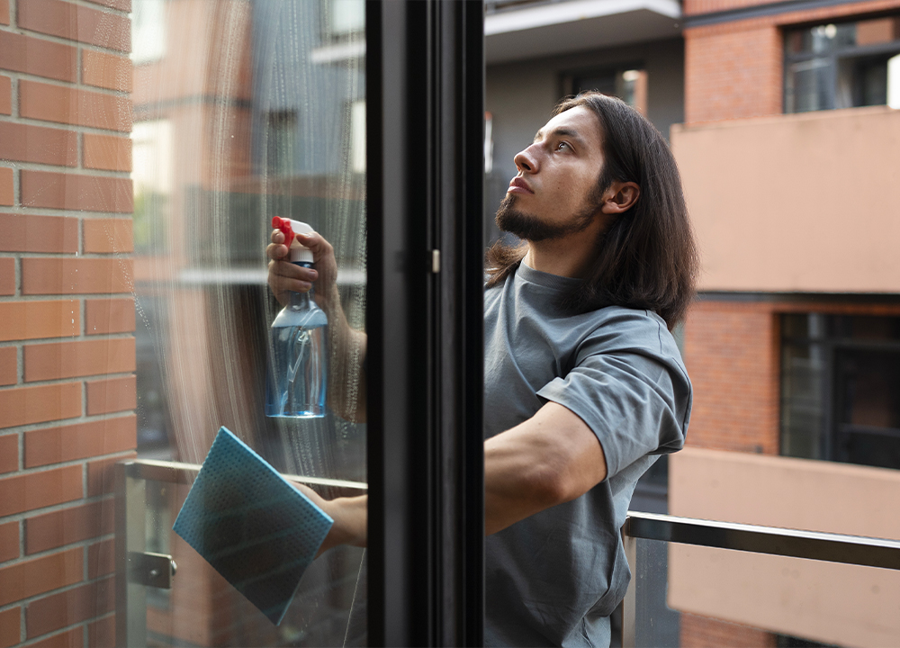 Uomo che pulisce un infisso in alluminio con spray e panno