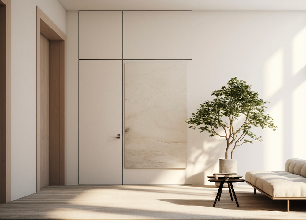 Rendering di un ingresso moderno con porta interna color cipria abbinata a pareti tono su tono