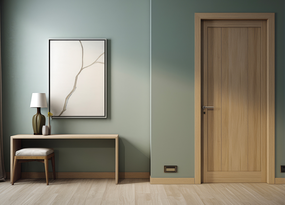 porta interna in legno chiaro abbinata a parete verde salvia e pavimento in parquet