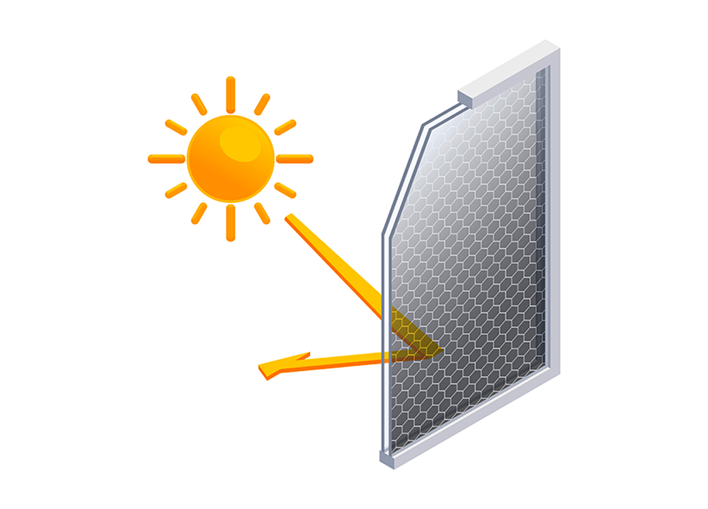 Schema che mostra come funziona un vetro basso emissivo nel riflettere il calore del sole.