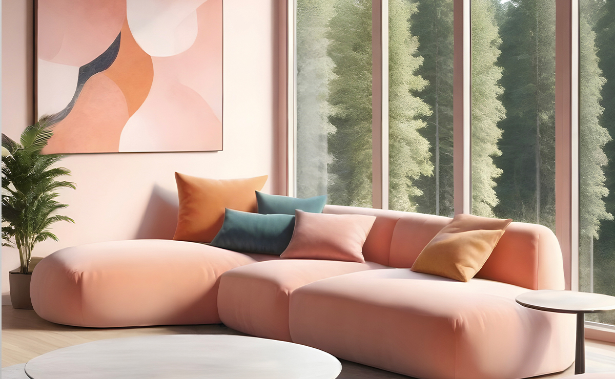 Soggiorno moderno con grandi finestre che illuminano un divano rosa con cuscini colorati