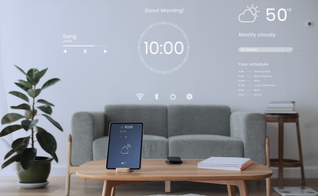Soggiorno moderno con tablet per il controllo della casa smart e interfaccia domotica