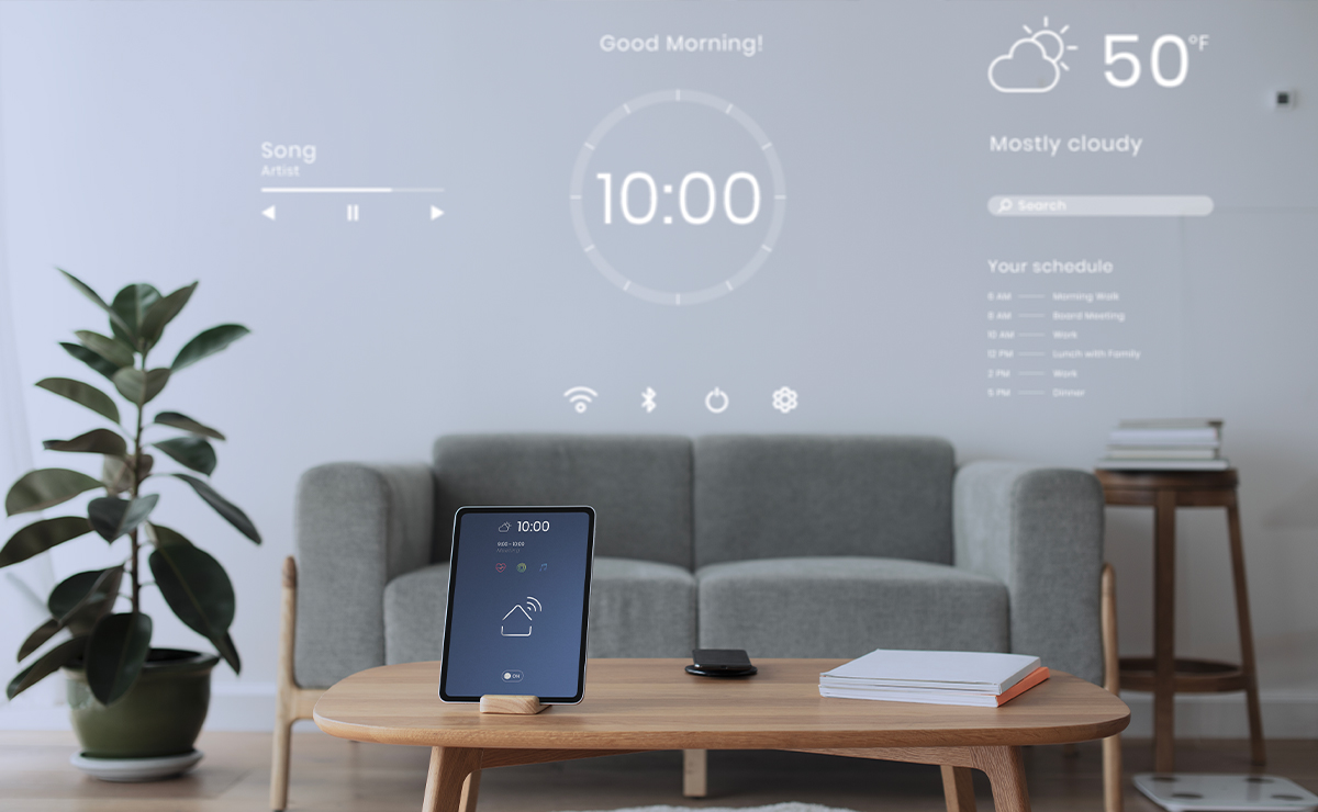 Soggiorno moderno con tablet per il controllo della casa smart e interfaccia domotica